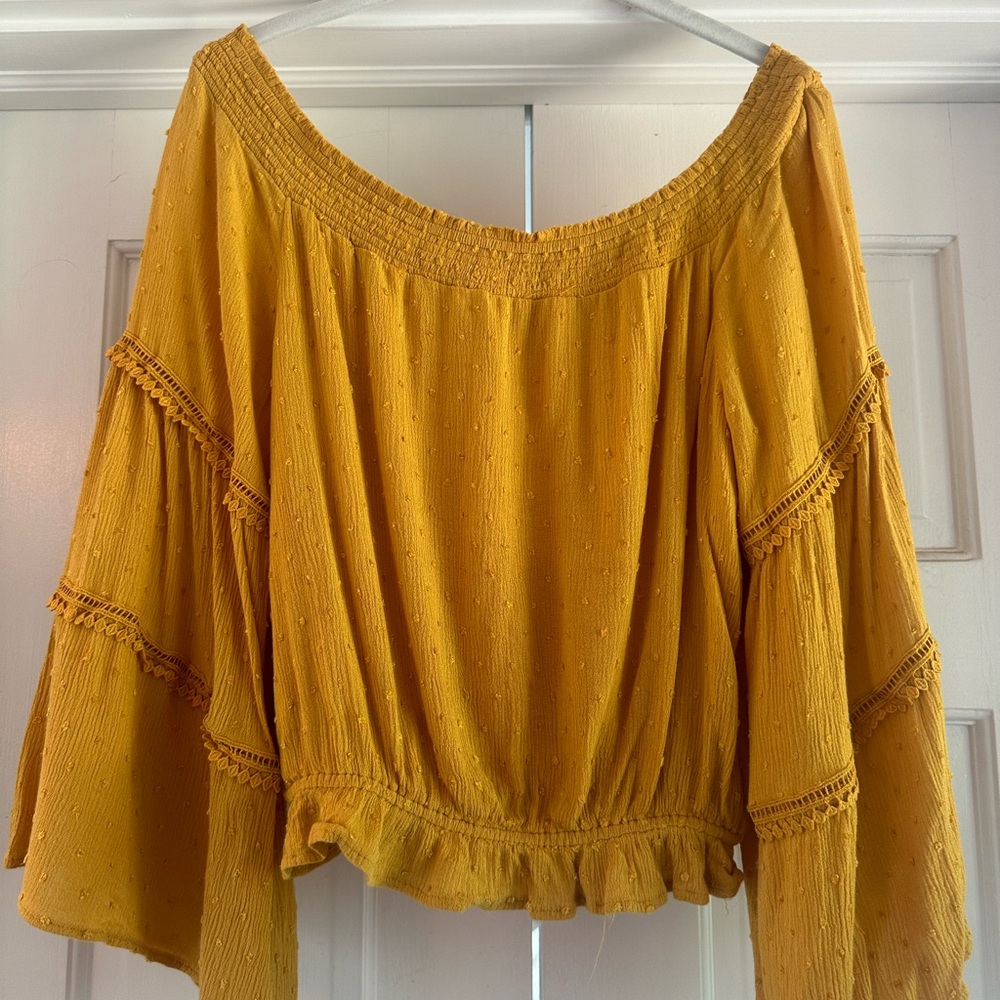 Golden Off Shoulder Bell Sleeve Top